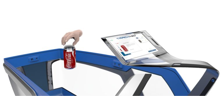 Einkaufswagen mit Touchscreen, der ein eingelegtes Produkt scannt