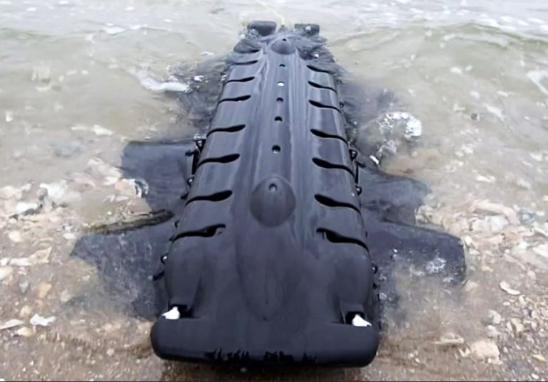 Der Velox ist ein Fisch-ähnlicher Roboter mit einem langgezogenen, schwarzen Körper und Flossen an beiden Seiten