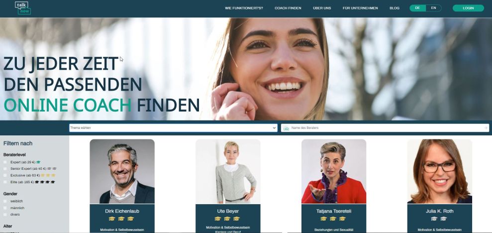 Screenshot der Berater-Übersicht auf der talknow-Website