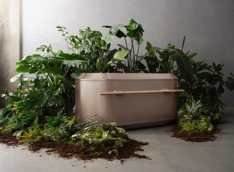 Ein Bestattungs-Kokon von Meine Erde ist von Pflanzen umgeben